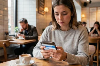 Femme consultant un navigateur mobile dans un café pour accéder à une URL sur smartphone