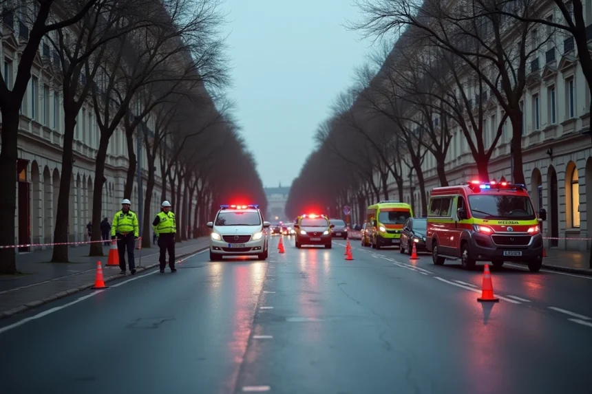 Scène d'accident mortel à Toulouse avec véhicules de secours et forces de l'ordre établissant un périmètre de sécurité sur un boulevard urbain