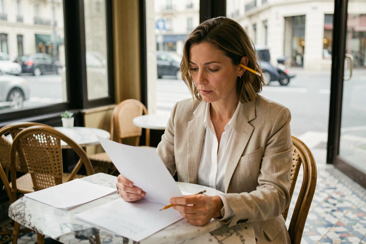 Actrice française établie relisant un scénario dans un café parisien, atmosphère authentique et intimiste