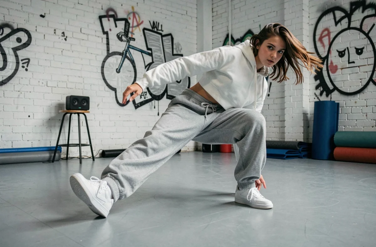 Adolescente en cours de hip-hop réalisant un mouvement de breaking dans un studio urbain