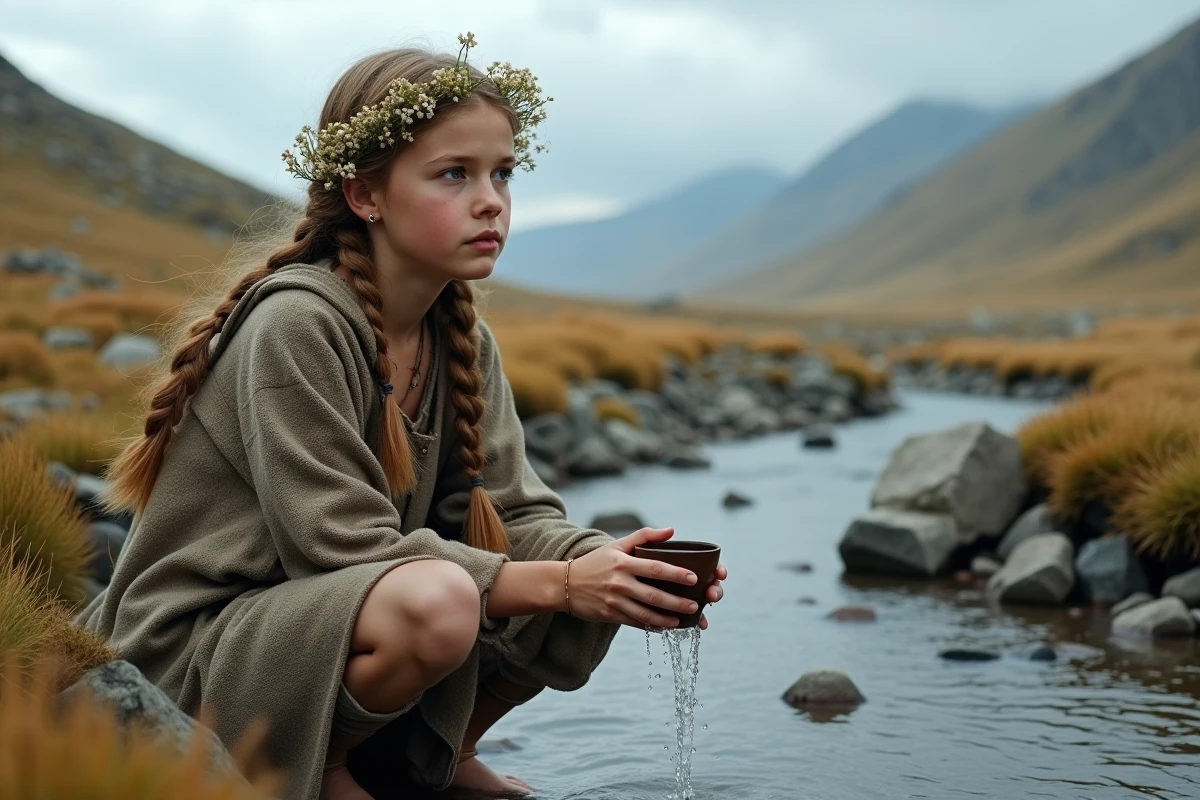 Jeune fille avec fleurs près d