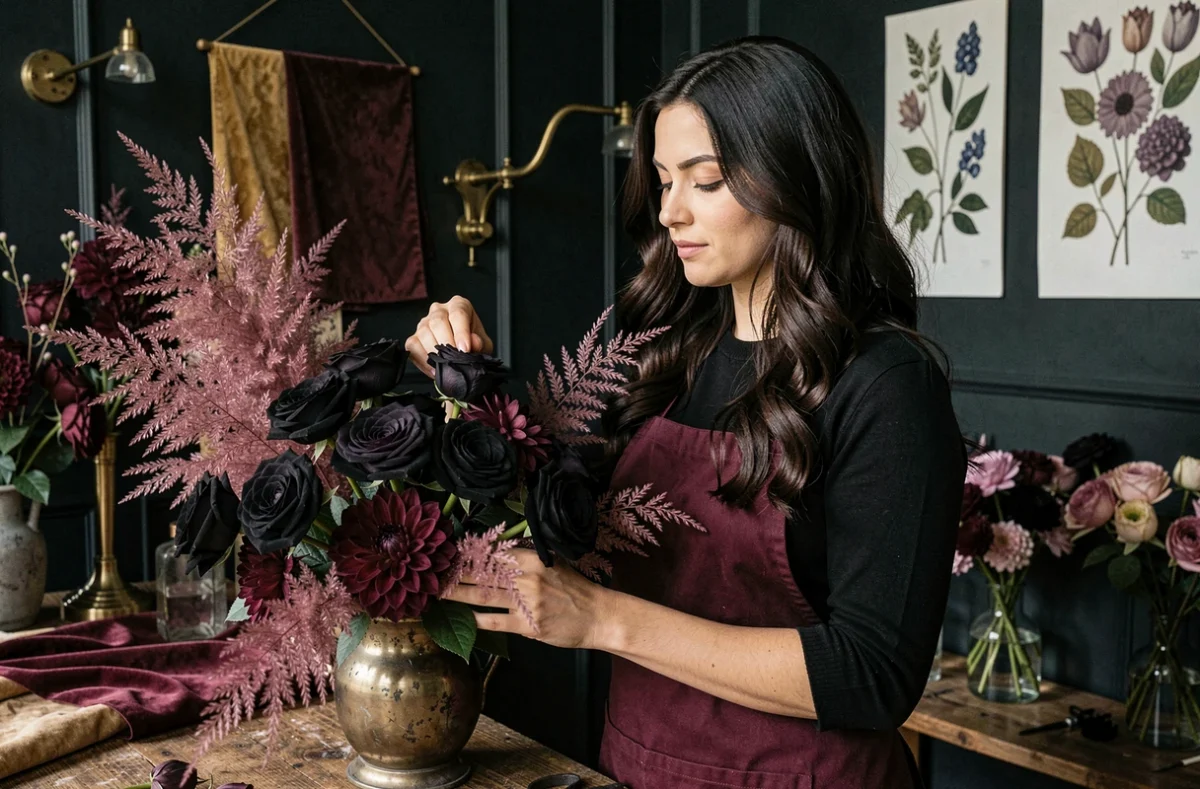 Fleuriste créant un arrangement avant-gardiste de roses sombres et dahlias prune dans le studio Alchimie à Lille