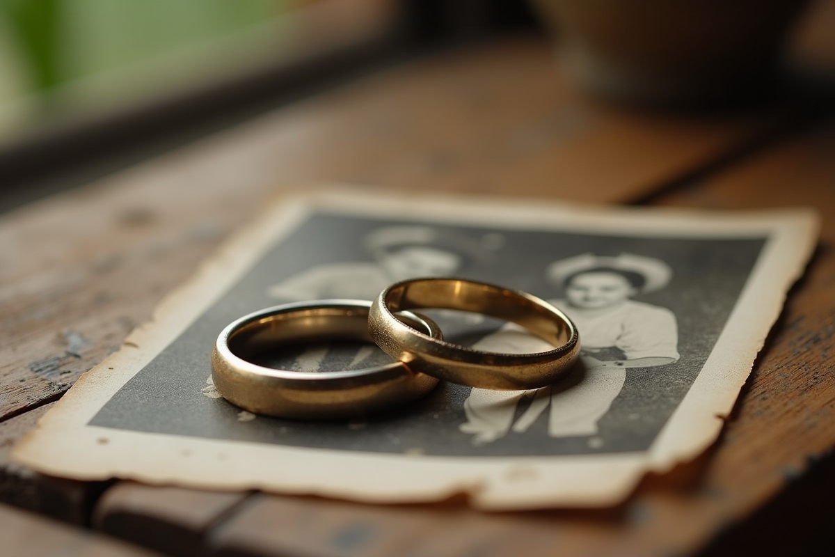 Alliances de mariage sur une table en bois avec photo ancienne