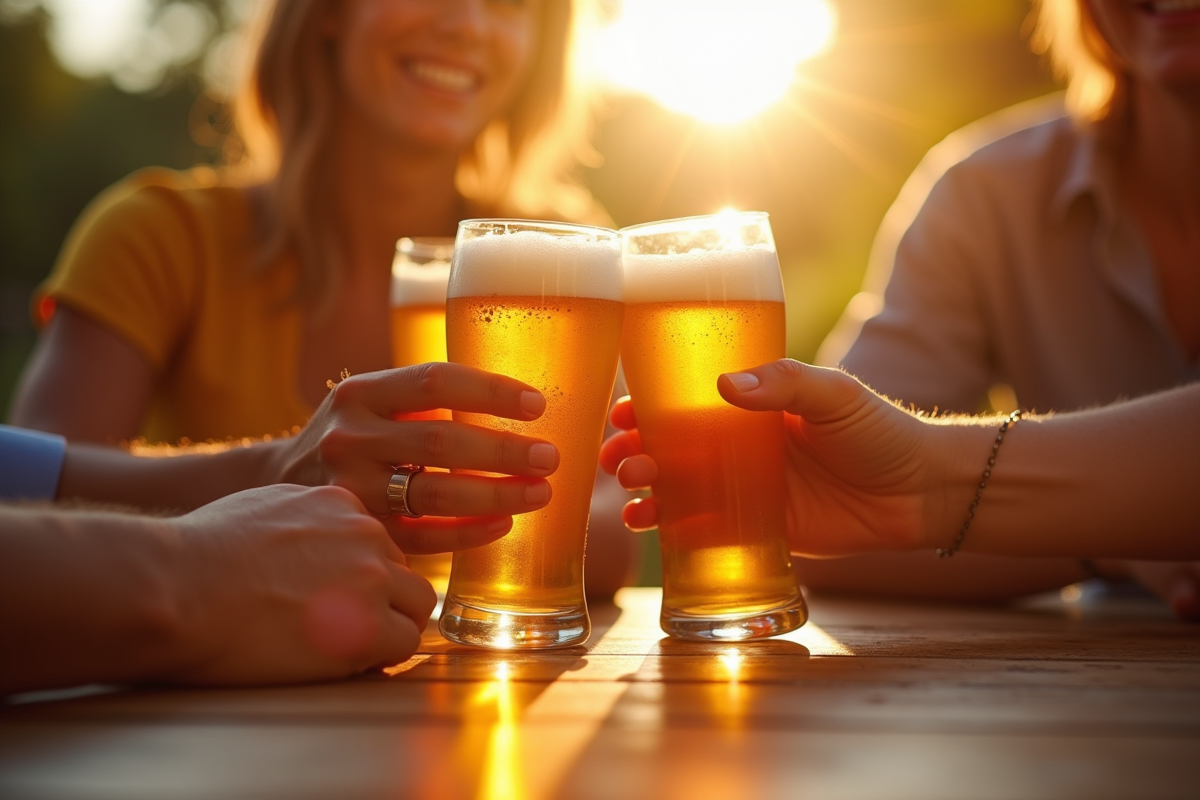 Groupe d amis trinquant avec des bières IPA en extérieur ensoleillé