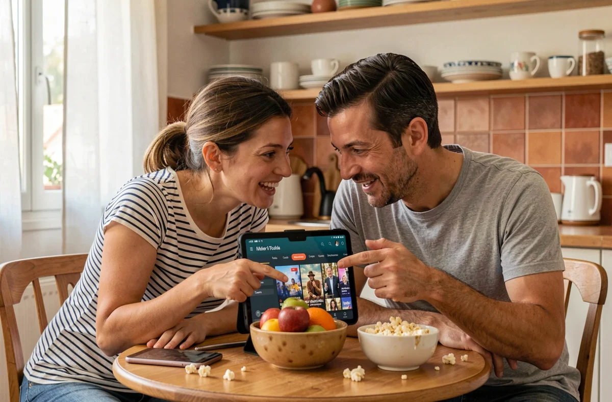 Deux amis choisissant ensemble une série espagnole Netflix sur une tablette dans une cuisine moderne