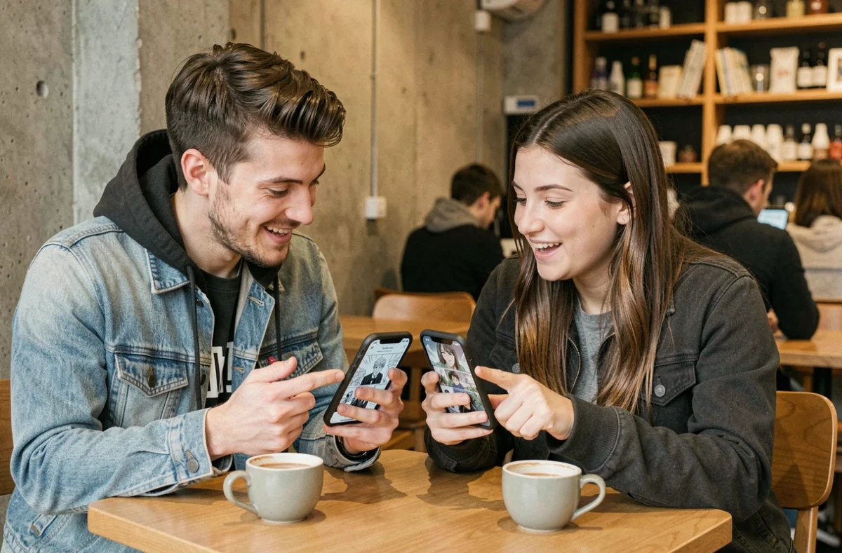 Deux amis discutant de manhwa sur leurs smartphones dans un café urbain moderne