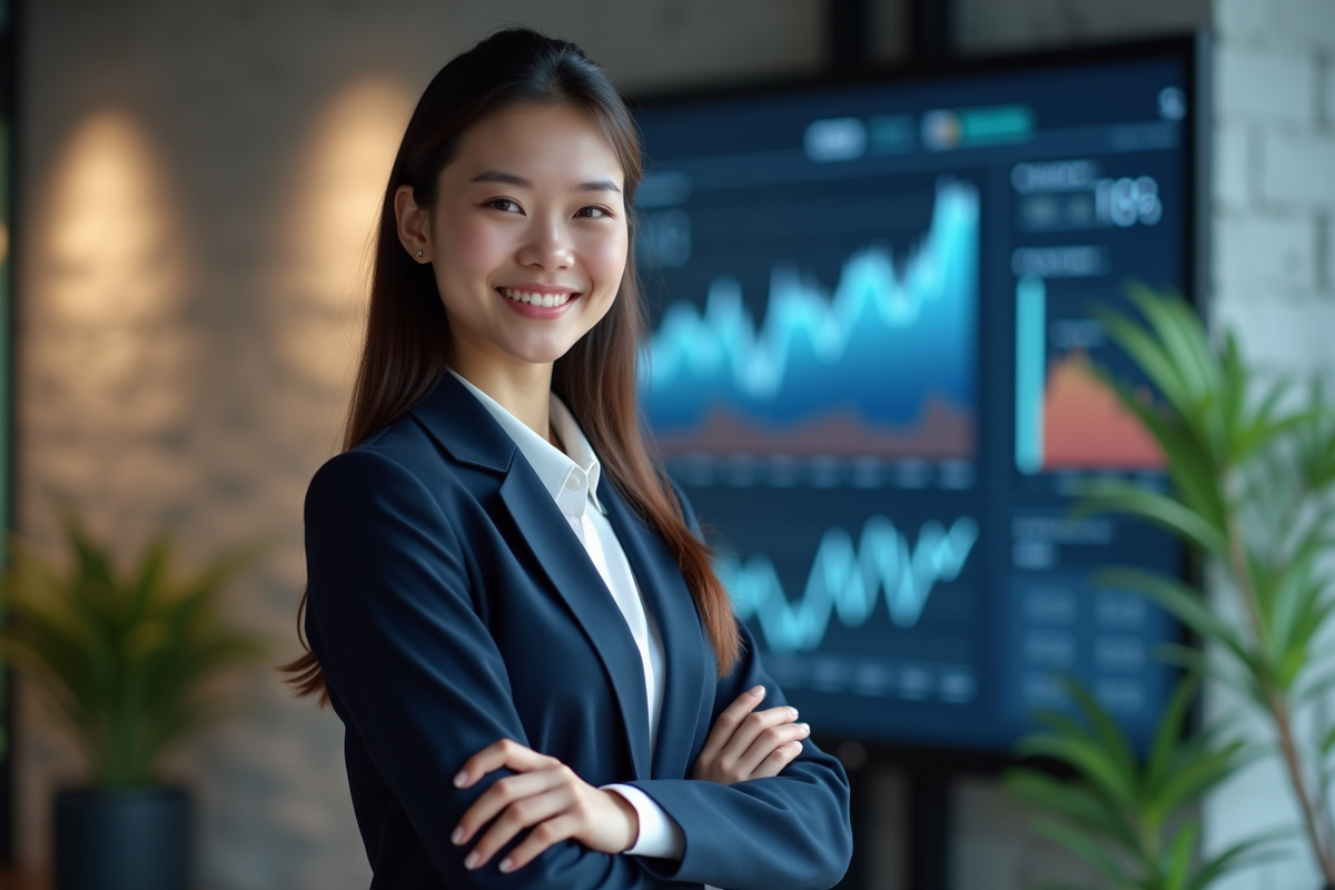 Jeune analyste financier devant un écran de données