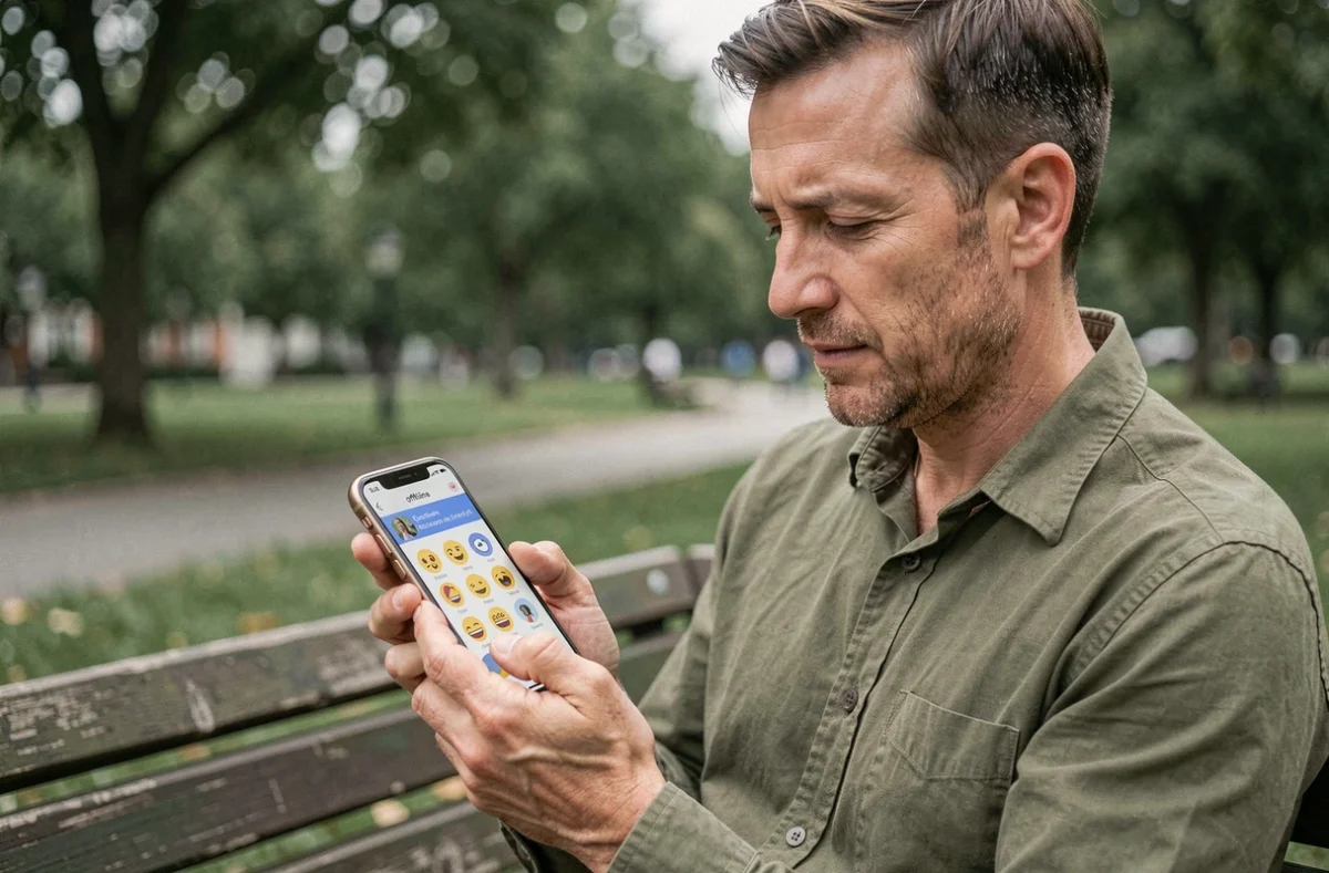 Homme consultant une application de comptage d'emojis hors ligne sur smartphone dans un parc urbain