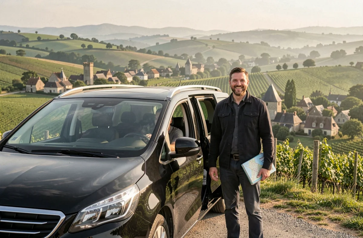 Chauffeur-guide touristique souriant devant un minivan noir avec panorama sur la vallée de la Dordogne, illustrant les circuits VTC d'Aquitania Tours en Nouvelle-Aquitaine