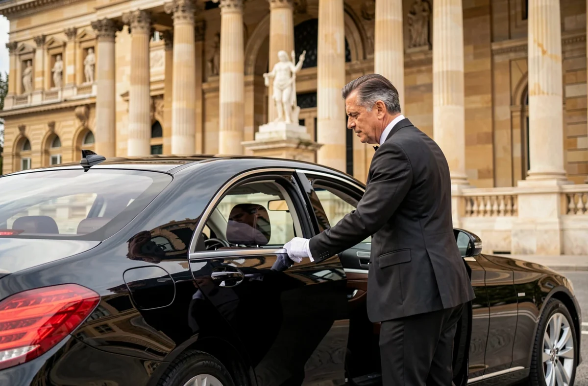 Chauffeur VTC de prestige en costume élégant ouvrant la portière d'une Mercedes noire devant le Grand Théâtre de Bordeaux pour le service Archange