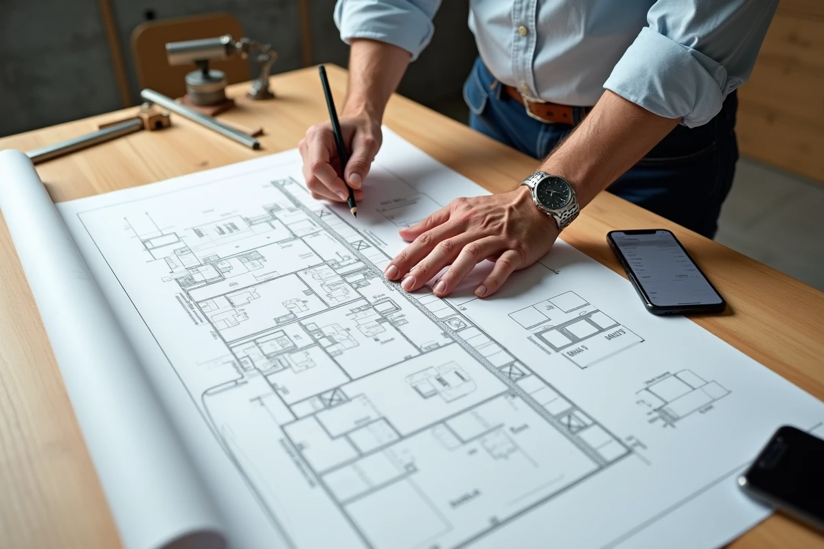 Mains d'architecte mesurant un plan parcellaire pour convertir des hectares en mètres carrés avec une application mobile