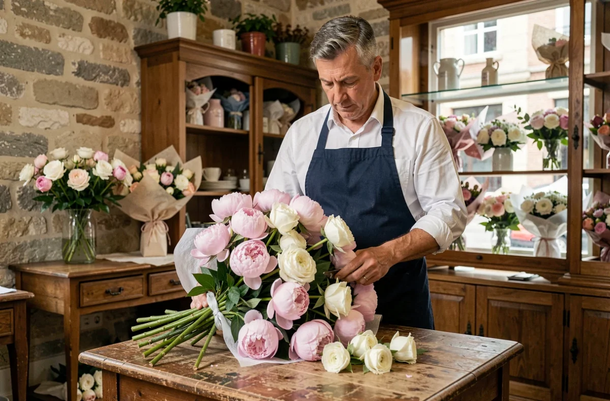 Fleuriste masculin en tablier bleu marine arrangeant un bouquet de pivoines et roses blanches dans sa boutique traditionnelle à Arras