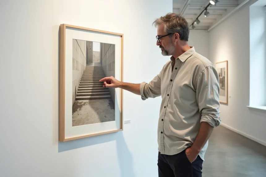 Un artiste contemplatif examine de près une lithographie en trompe-l'œil inspirée d'Escher dans une galerie d'art moderne