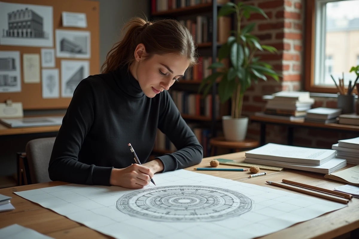 Une jeune artiste dessine des motifs géométriques en tessellation inspirés des illusions d'Escher dans un studio créatif