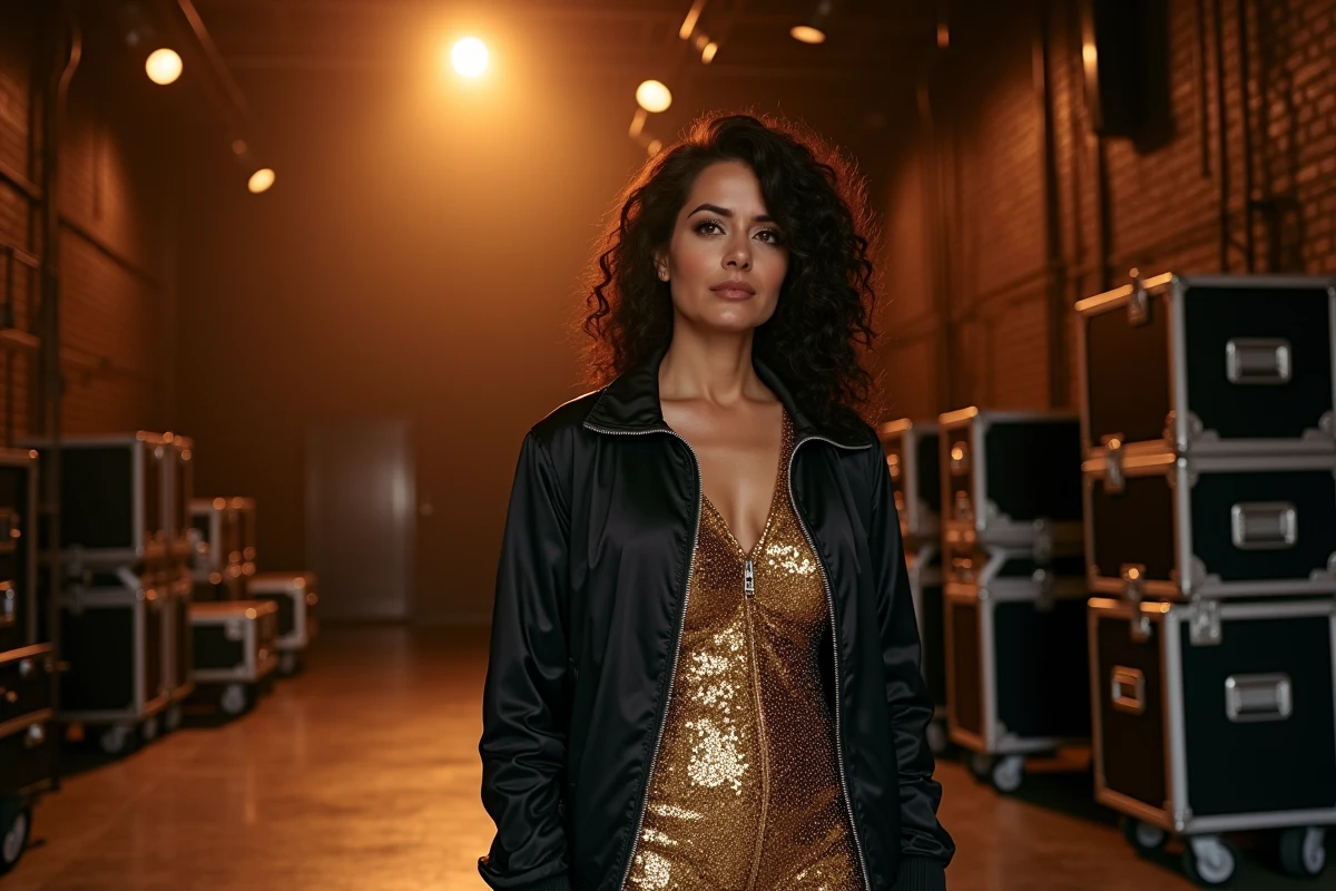 Artiste latina en costume de scène doré dans les coulisses d'une grande salle de spectacle, illustrant le parcours scénique et l'héritage culturel hispanique dans le divertissement américain