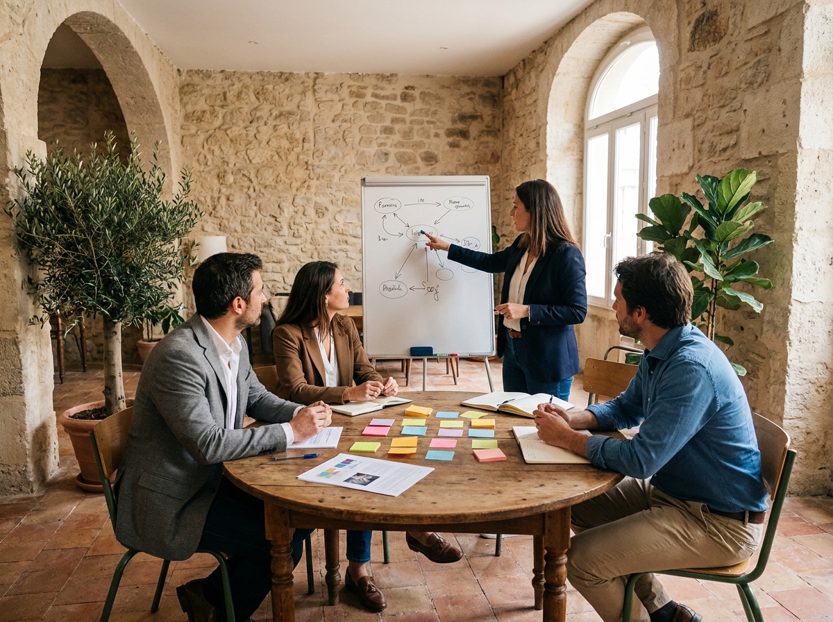 Atelier de travail collaboratif en petit groupe lors d'un séminaire d'entreprise dans un espace de coworking historique du quartier Le Panier à Marseille