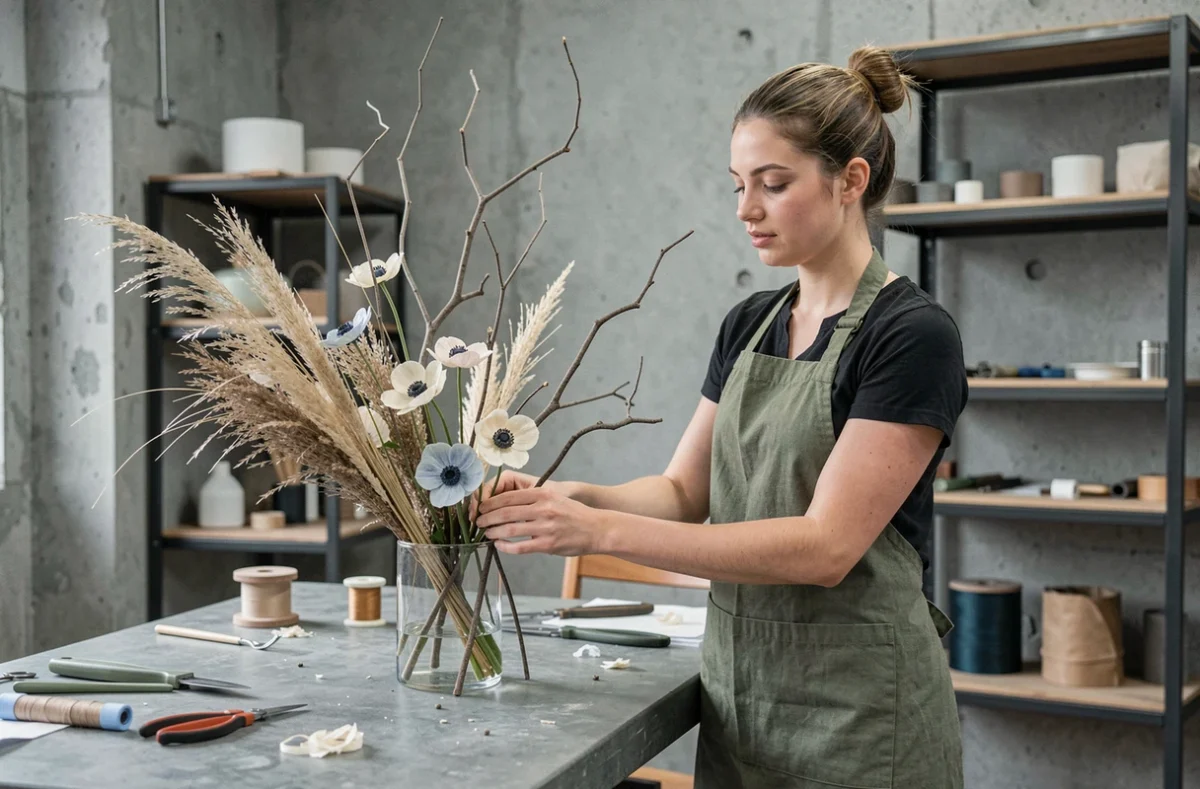 Jeune fleuriste en tablier en lin créant un arrangement floral moderne avec herbes séchées et anémones dans l'Atelier Floral à Croix