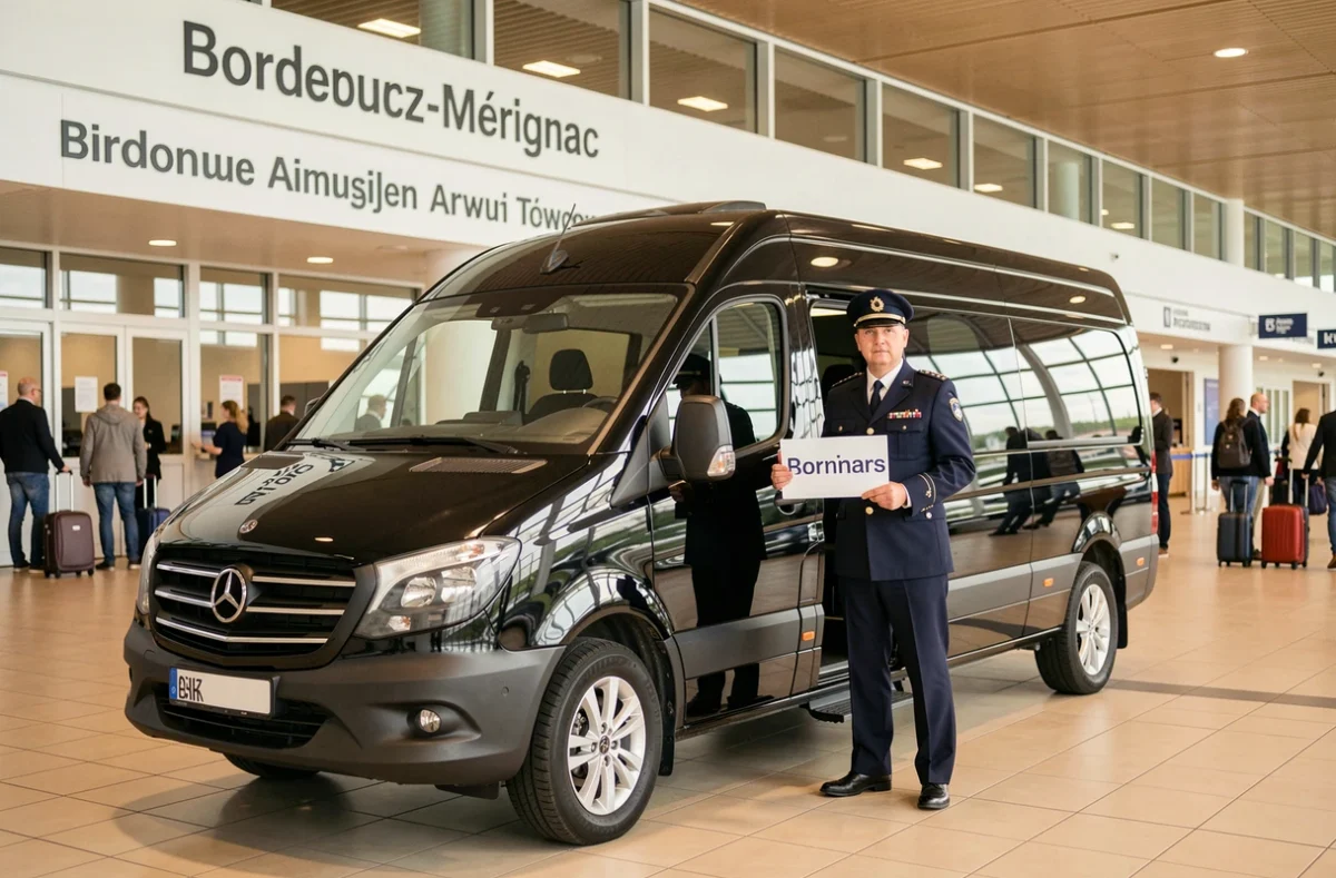 Chauffeur avec van noir attendant des passagers à l'aéroport de Bordeaux-Mérignac pour des transferts, illustrant le service Atout VTC Bordeaux