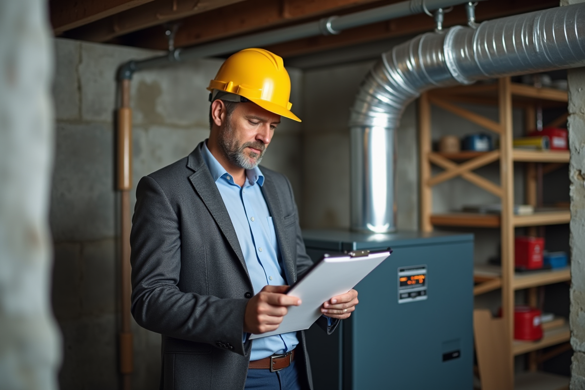 Auditeur energie homme dans une cave moderne examinent le systeme de chauffage
