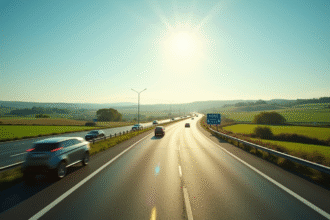 Autoroute ensoleillee en campagne avec voitures modernes