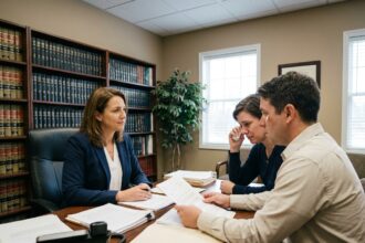 Avocate spécialisée en divorce expliquant des documents juridiques à un couple lors d'une consultation dans son cabinet