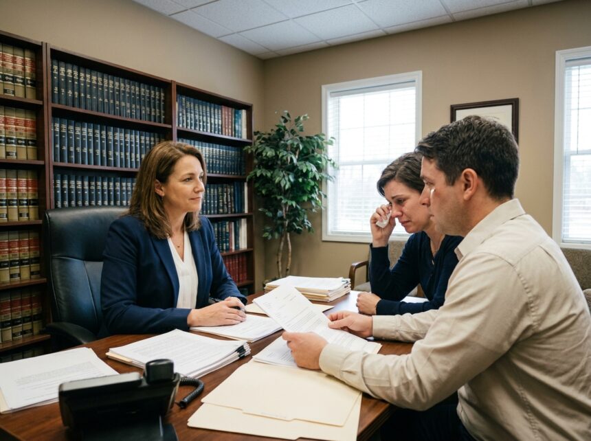 Avocate spécialisée en divorce expliquant des documents juridiques à un couple lors d'une consultation dans son cabinet