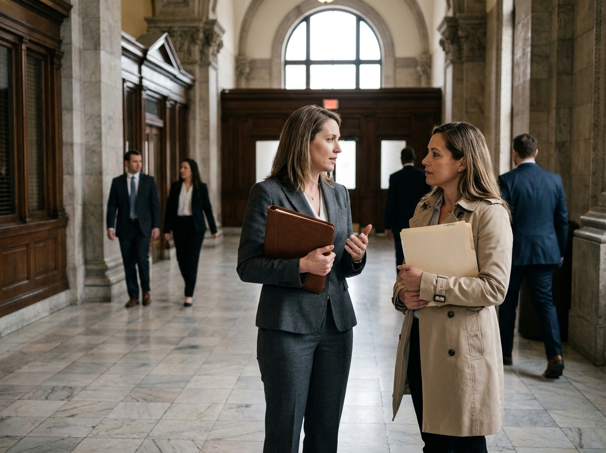 Avocate conseillant sa cliente dans le couloir d'un palais de justice lors d'une procédure de divorce