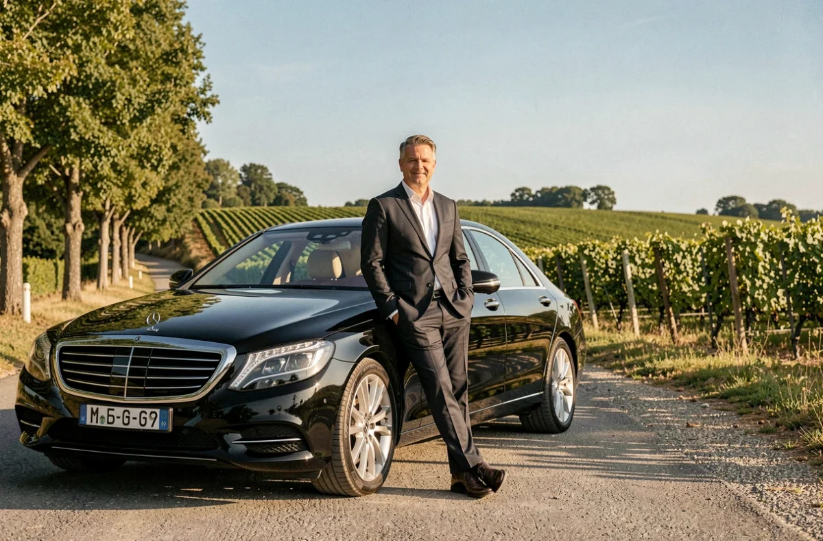 Chauffeur personnel en Gironde appuyé contre une berline noire sur une route de campagne bordée de vignes, illustrant le service B Drive