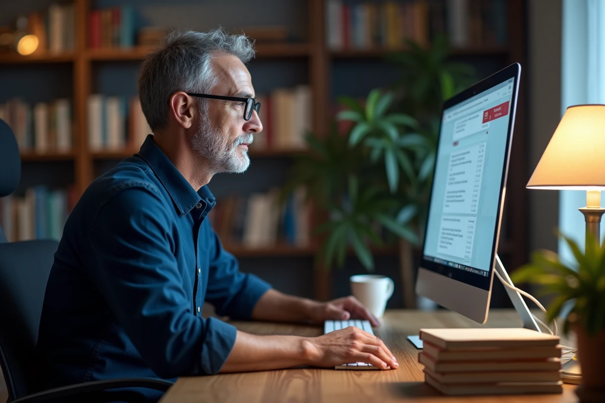 Homme parcourant une bibliothèque numérique sur son ordinateur dans un bureau à domicile entouré de livres