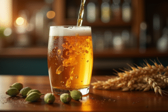 Verre de bière IPA froide sur un bar en bois avec houblons
