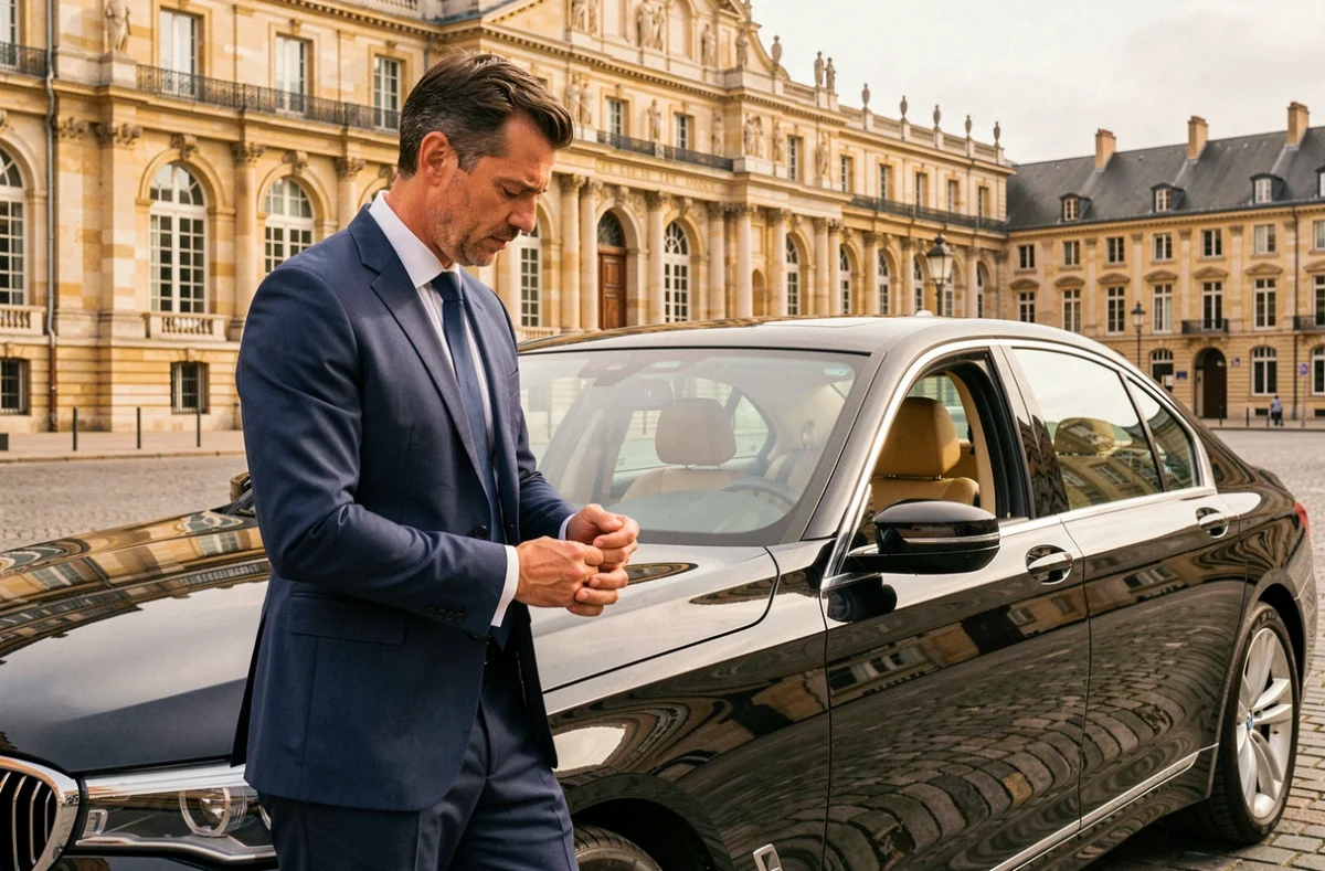Chauffeur VTC en costume bleu nuit debout près d'une BMW noire sur la Place de la Bourse à Bordeaux, illustrant le service Bluebird VTC