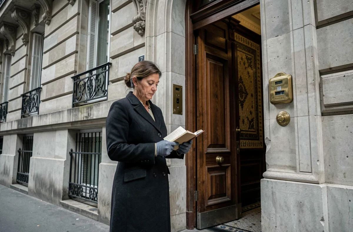 Femme bourgeoise devant un immeuble haussmannien parisien tenant un registre, symbolisant les rapports de classe dans la littérature sociale française du XIXe siècle