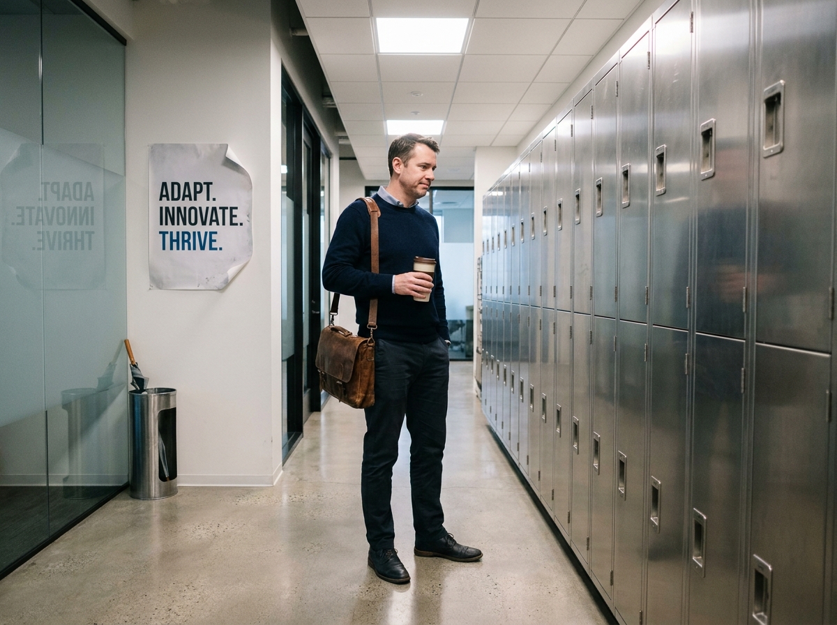 Homme en télétravail hybride cherchant un casier disponible dans le couloir d'un bureau flex moderne