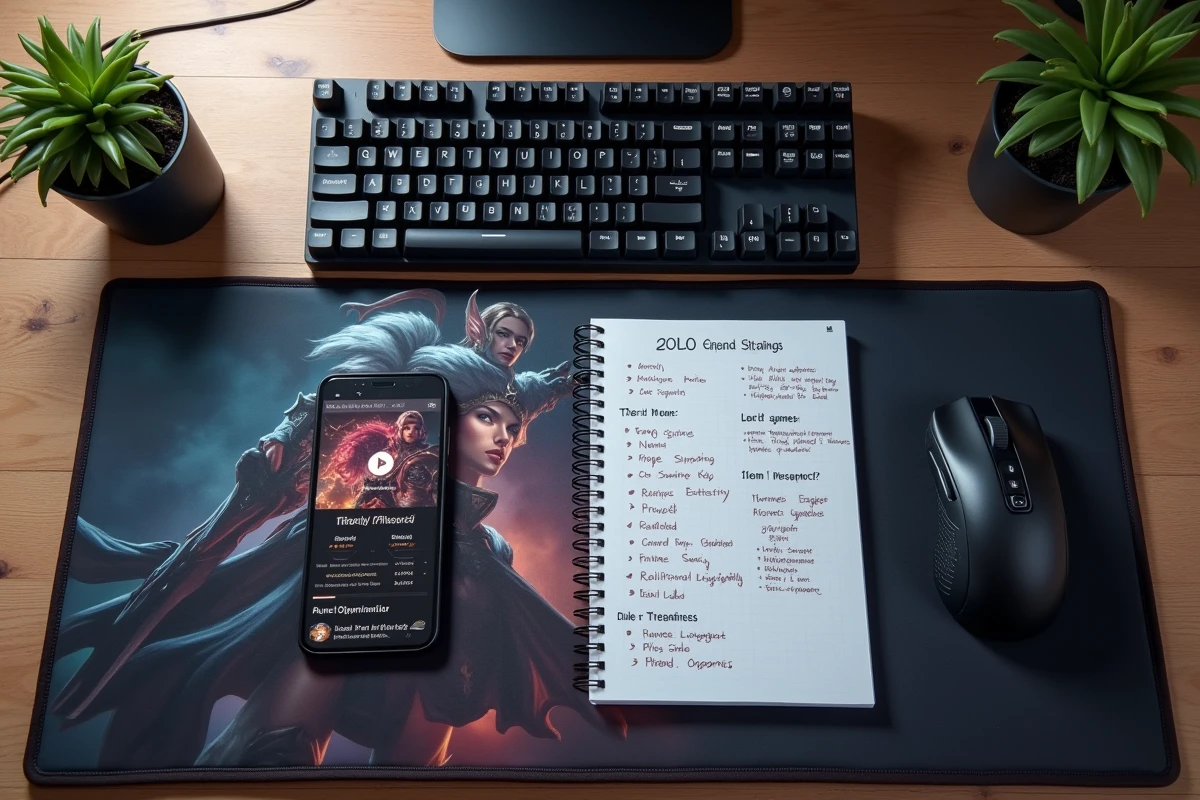 Vue de dessus d'un bureau de gamer avec notes manuscrites sur les runes LoL, clavier mécanique et application de build sur smartphone