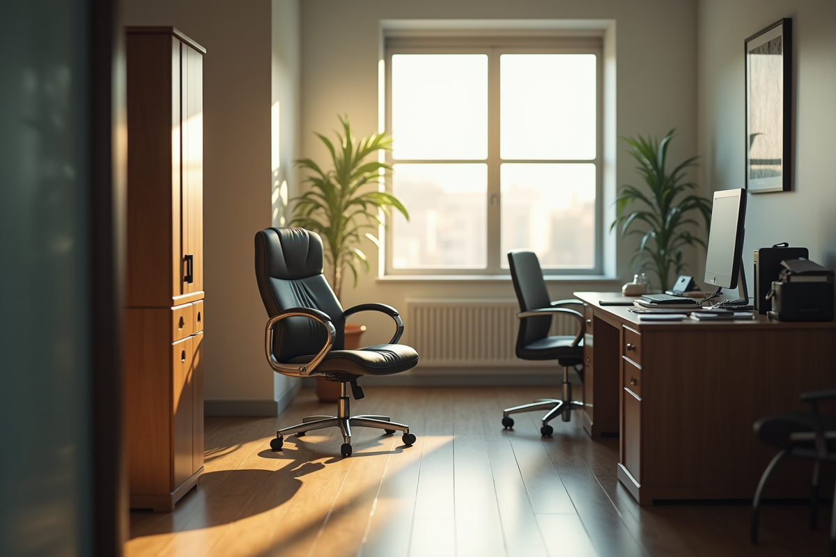 Bureau vide avec chaise et objets personnels sous lumière du matin