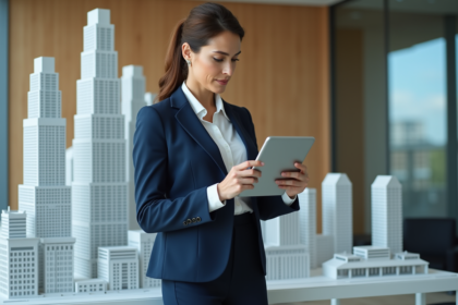 Femme d'affaires confiante avec modèle de gratte-ciel
