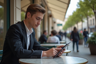 Jeune professionnel utilisant une tablette dans un café parisien