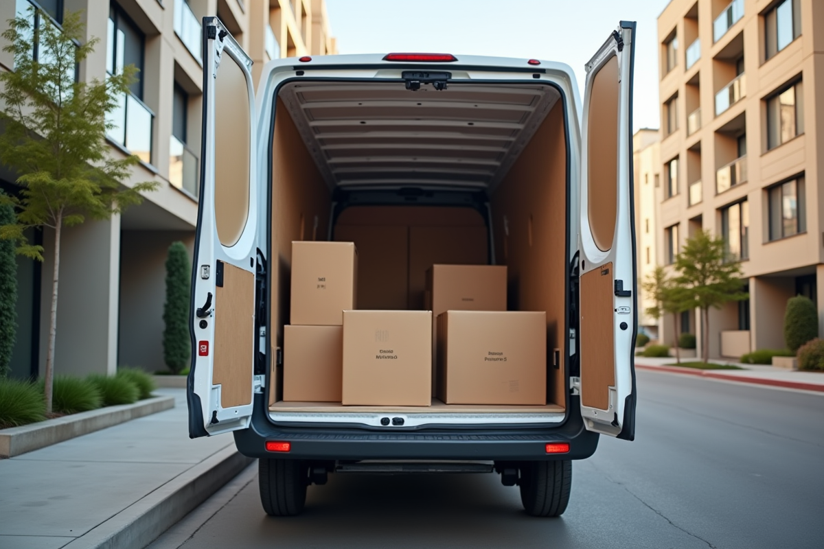 Camion de déménagement garé devant un immeuble moderne