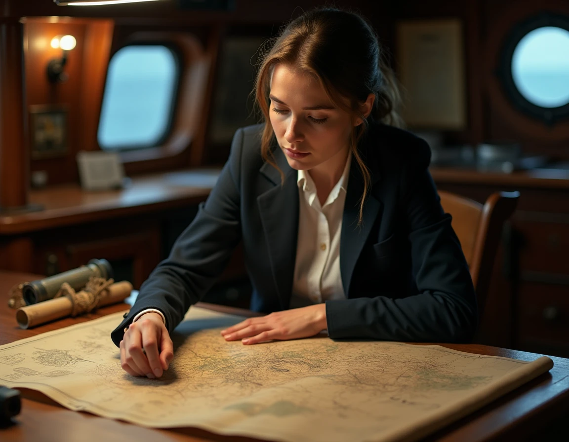Jeune femme étudiant une carte nautique dans une cabine de navire en bois, contexte exploration et chronologie manga One Piece