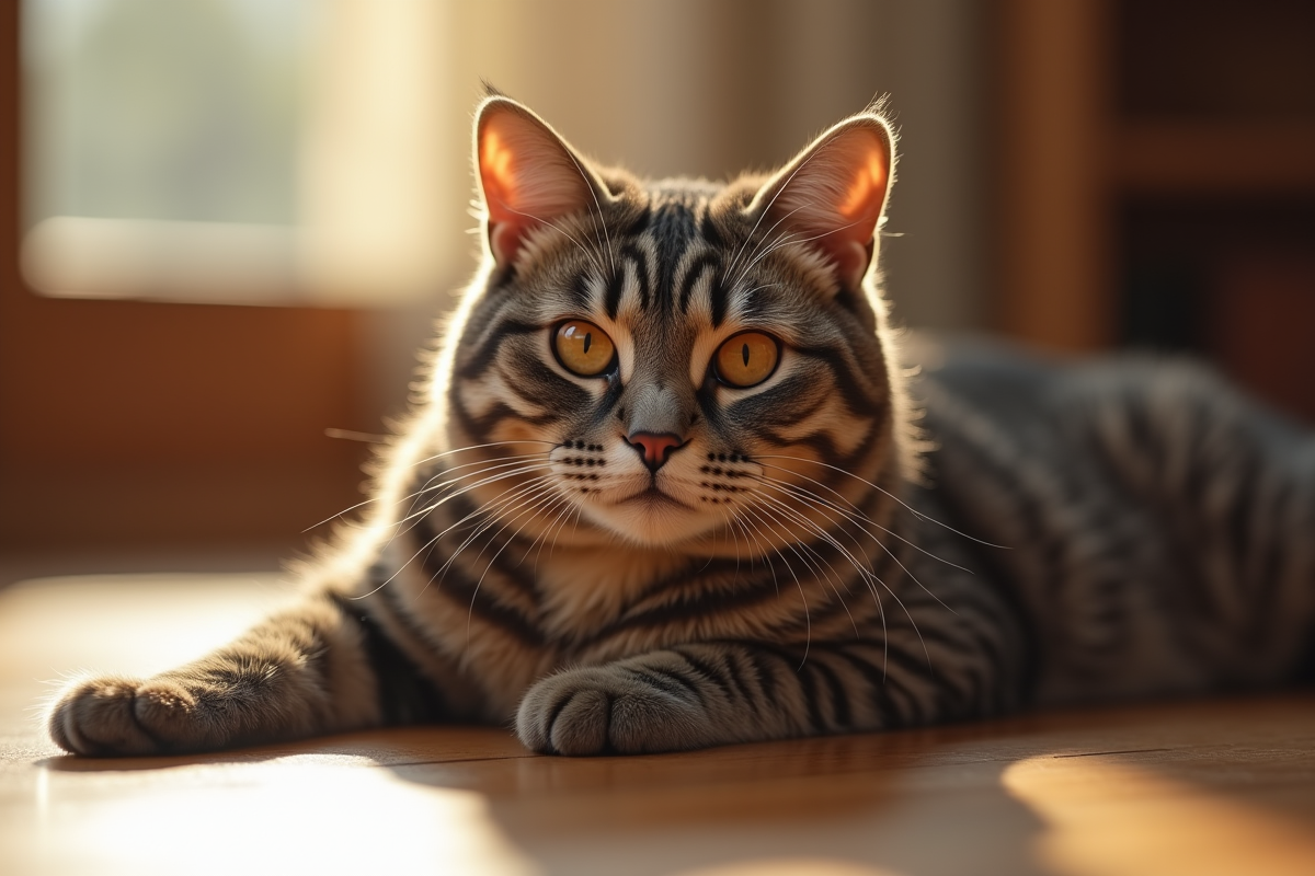 Chat British Shorthair brun allongé sur un sol en bois ensoleillé