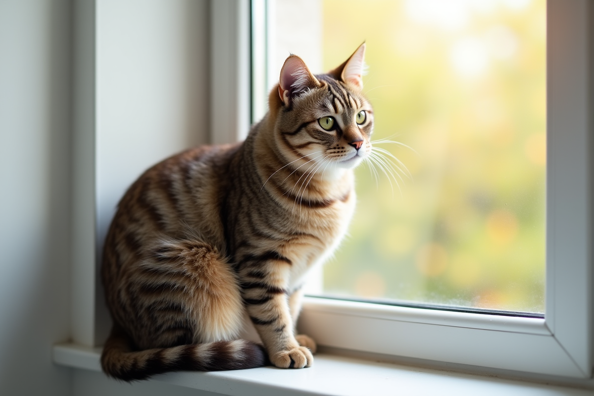 Chat British Shorthair assis sur une fenêtre lumineuse