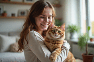 Chat hypoallergenique tenu par une femme souriante dans un salon lumineux