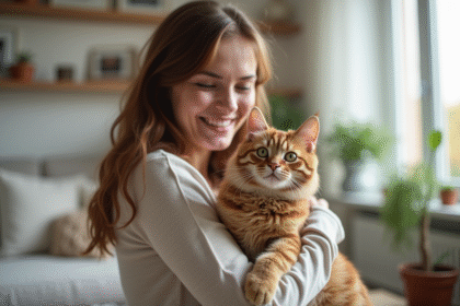 Chat hypoallergenique tenu par une femme souriante dans un salon lumineux