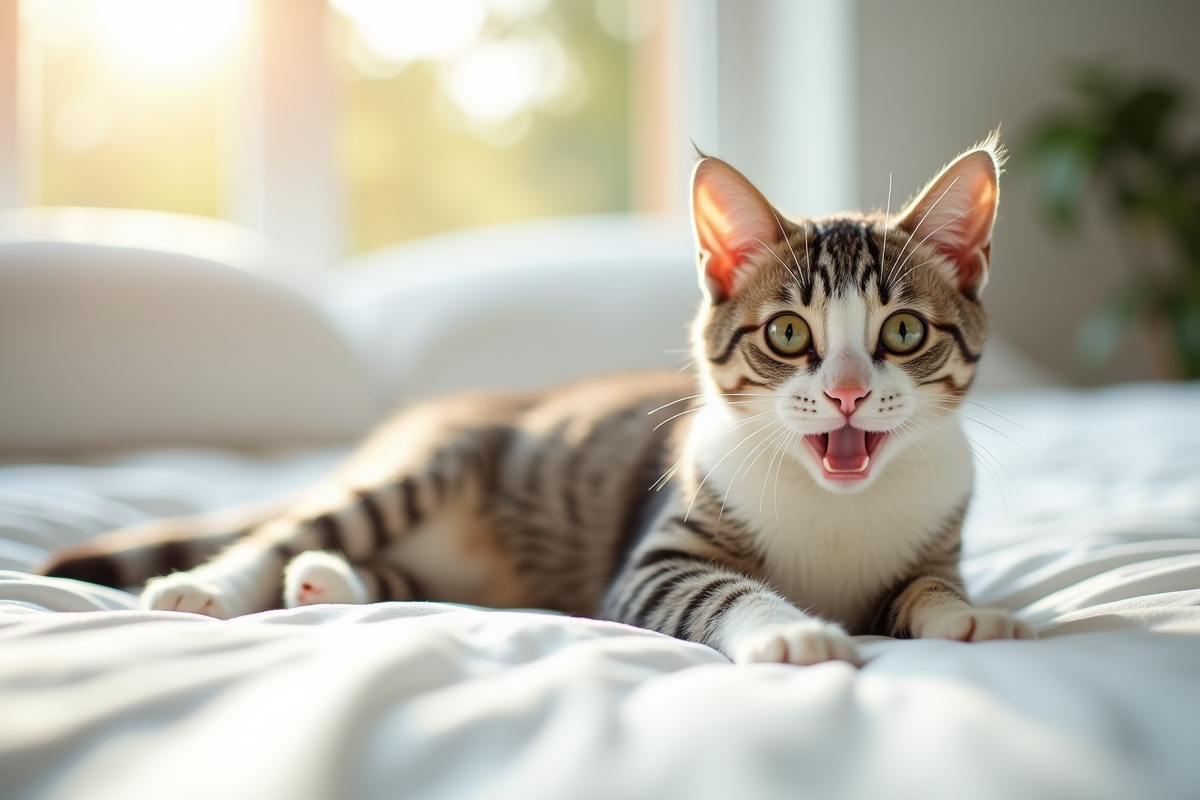 Chat hypoallergenique jouant sur un lit blanc en lumière naturelle