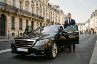 Chauffeur VTC professionnel en costume sombre debout à côté d'une berline noire de luxe sur un boulevard de Bordeaux en Nouvelle-Aquitaine