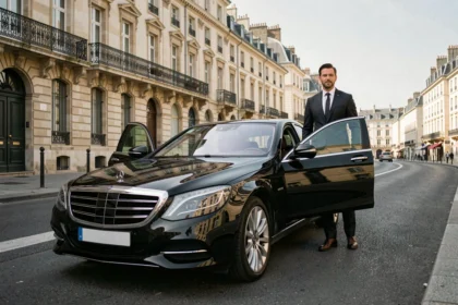 Chauffeur VTC professionnel en costume sombre debout à côté d'une berline noire de luxe sur un boulevard de Bordeaux en Nouvelle-Aquitaine