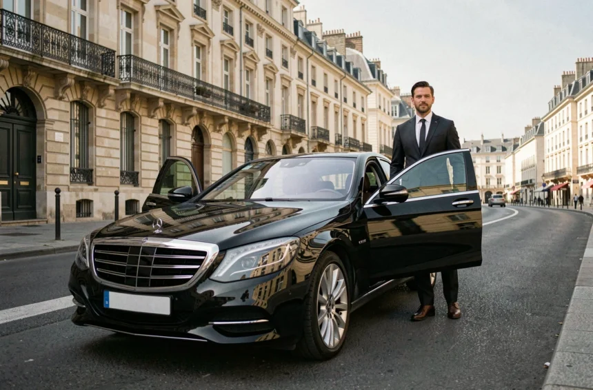 Chauffeur VTC professionnel en costume sombre debout à côté d'une berline noire de luxe sur un boulevard de Bordeaux en Nouvelle-Aquitaine