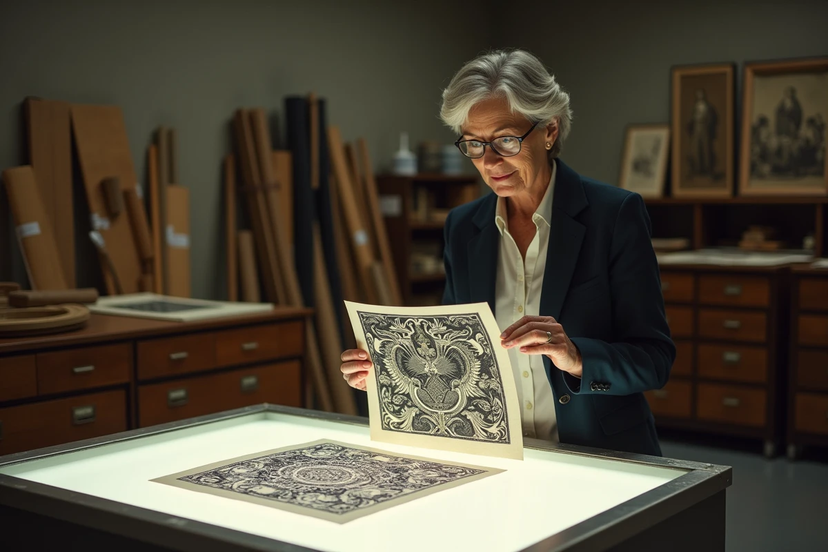 Une chercheuse en art examine une reproduction de gravure en tessellation d'Escher sur une table lumineuse dans une salle d'archives