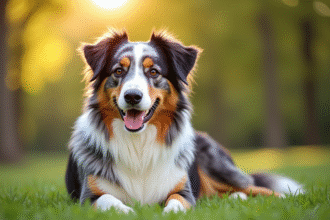 Chien Australian Shepherd détendu dans un parc ensoleille