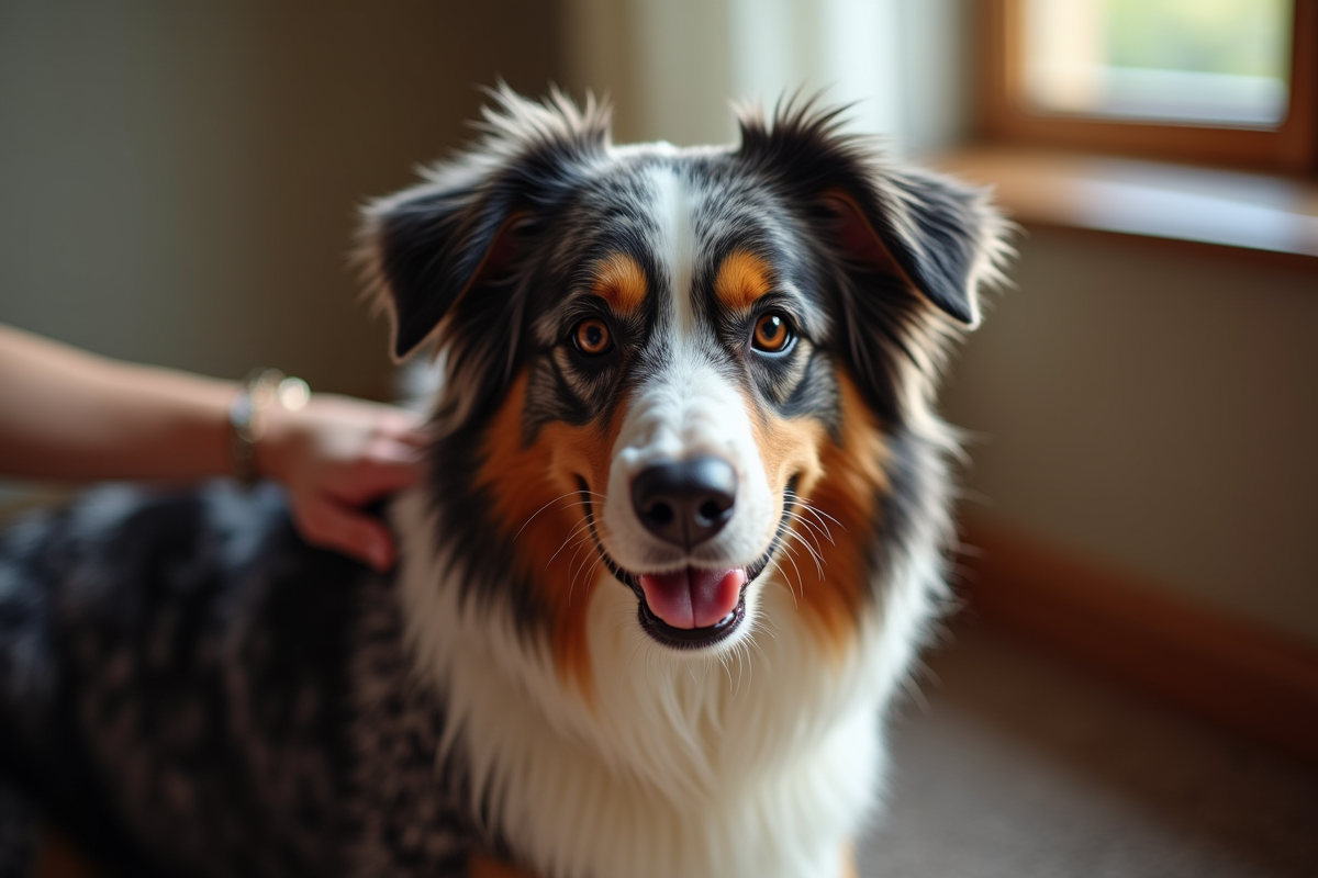 Chien Australian Shepherd âgé caressé doucement par une main en intérieur